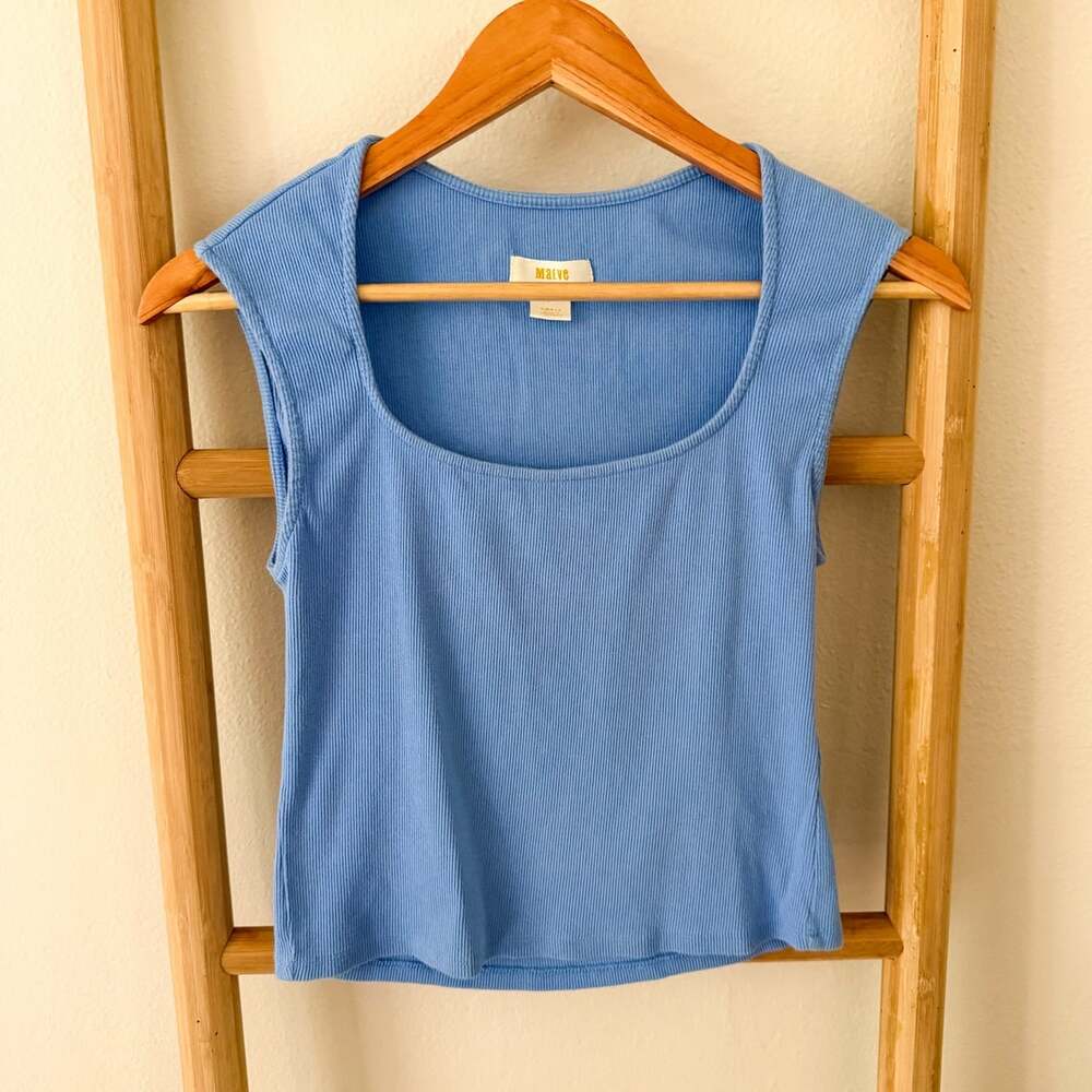 Maeve Anthropologie Blue Ribbed Square Neck Tank Top Size Small Cotton Blend